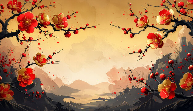 紅梅 Red Plum Blossom 002n Vivid red plum blossoms against a sunset sky and mountains, in a Sumi-e (ink painting) style landscape（夕焼け空と山々を背景にした鮮やかな赤い梅の花、水墨画風の風景）