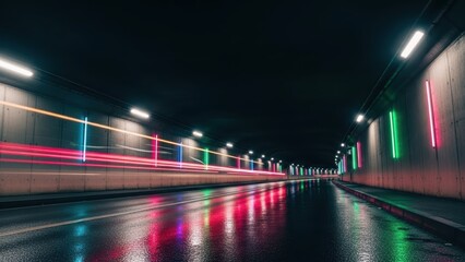 Dynamic long exposure shot of a dark wet road tunnel with colorful neon lights and traffic light trails