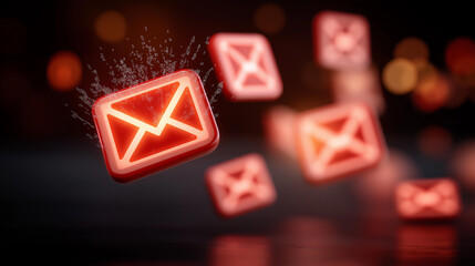Digital flood warning concept with overflowing email icons, cybersecurity threat alerts, defocused server background, data protection marketing, spam attack visualization, inbox ov