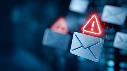 Digital flood warning concept with overflowing email icons, cybersecurity threat alerts, defocused server background, data protection marketing, spam attack visualization, inbox ov