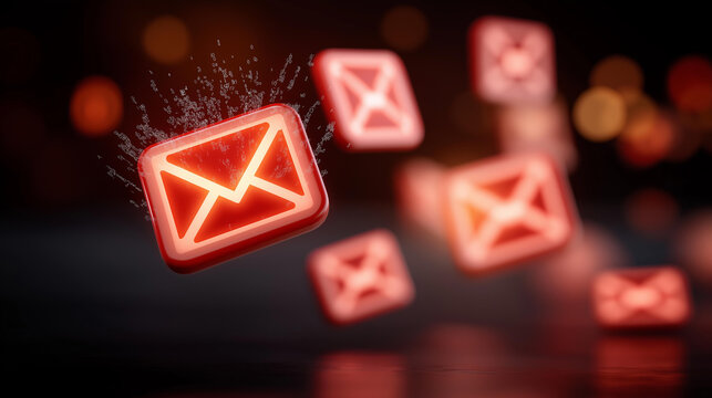 Digital flood warning concept with overflowing email icons, cybersecurity threat alerts, defocused server background, data protection marketing, spam attack visualization, inbox ov