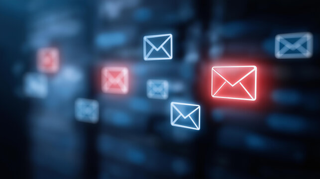 Digital flood warning concept with overflowing email icons, cybersecurity threat alerts, defocused server background, data protection marketing, spam attack visualization, inbox ov - Powered by Adobe