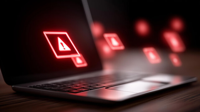 Multiple red alert notification icons on laptop screen, email security threats, inbox spam overload, data protection urgency, cybersecurity breach warning, enhanced security measur