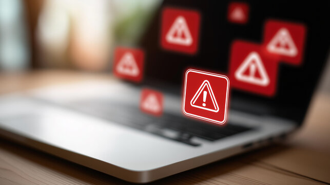 Multiple red alert notification icons on laptop screen, email security threats, inbox spam overload, data protection urgency, cybersecurity breach warning, enhanced security measur