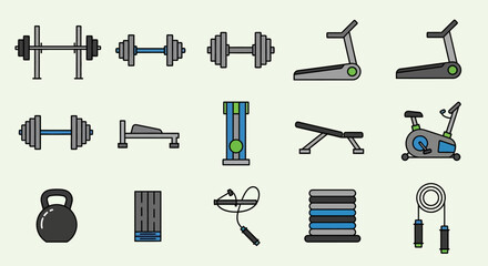 Collection of flat design gym and fitness equipment icons