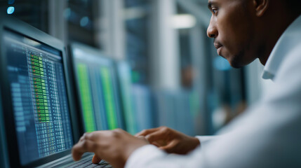 Faceless person in data center updating systems on green screen computer, chroma key mockup display, software vulnerability protection, defocused background, server error detection