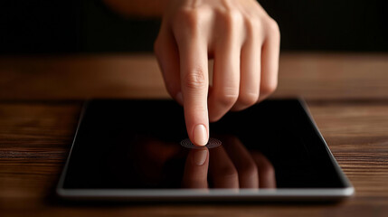 Faceless person with smooth hands placing finger on sensor screen of tablet device, wooden surface setting, sophisticated touch technology, biometric authentication, digital interf