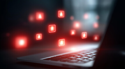 Multiple red alert notification icons on laptop screen, email security threats visualization, inbox spam overload, data protection urgency, cybersecurity measures, phishing prevent