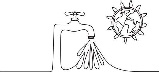 Faucet releasing water, symbolizing World Water Day in a continuous one line drawing. Renewable energy concept. one line Icon drawing