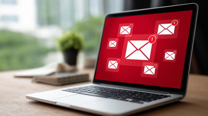 Multiple red alert notification icons on laptop screen, email security threats visualization, inbox spam overload, data protection urgency, cybersecurity measures, phishing prevent