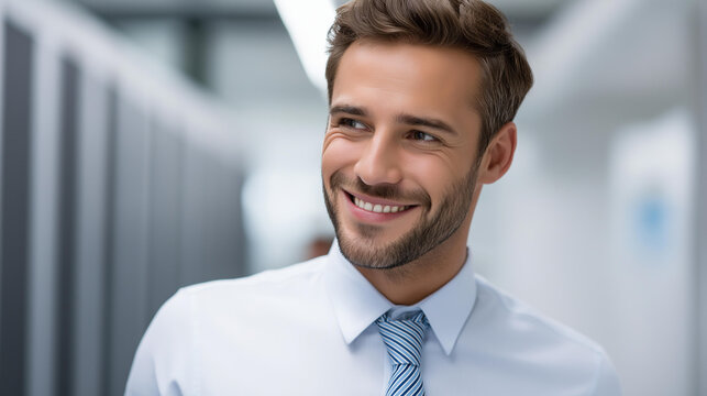 Faceless smiling engineer in server hub monitoring data center energy consumption components, defocused background, happy IT expert walking through facility, sensor functionality v