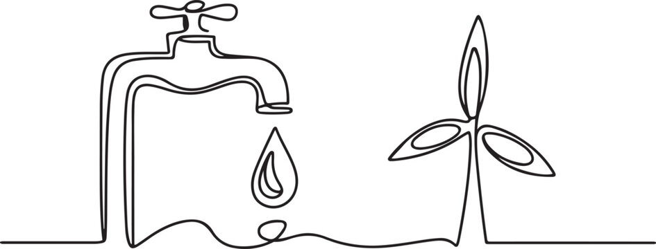 Faucet releasing water, symbolizing World Water Day in a continuous one line drawing. Renewable energy concept. one line Icon drawing