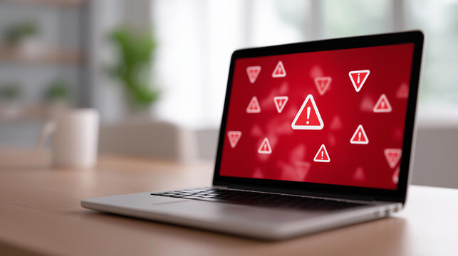 Multiple red alert notification icons on laptop screen, email security threats visualization, inbox spam overload, data protection urgency, cybersecurity measures, phishing prevent