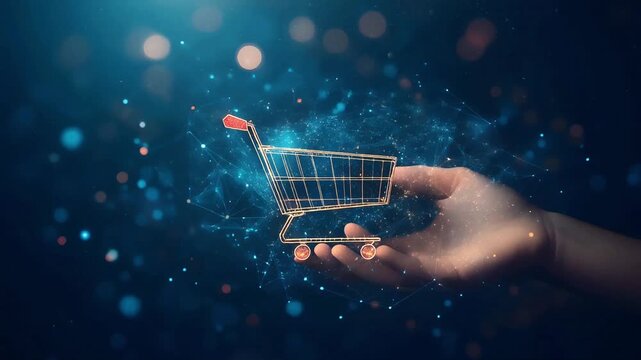 The digital shopping cart concept rendered in wireframe style, presented on an open hand, evokes an online retail experience. Connected poly line animation creates a futuristic feel - Powered by Adobe