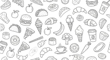 Seamless pattern of various food and drink doodle icons in black and white