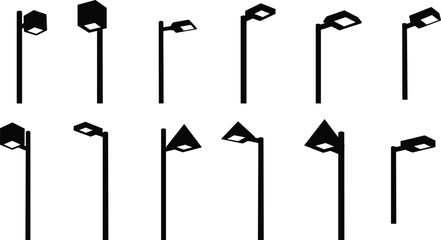 Modern street light silhouette collection, minimal urban lamp post designs, contemporary outdoor lighting vector set for city infrastructure and graphic illustration use