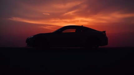 Silhouette of a car against a vibrant orange sunset sky