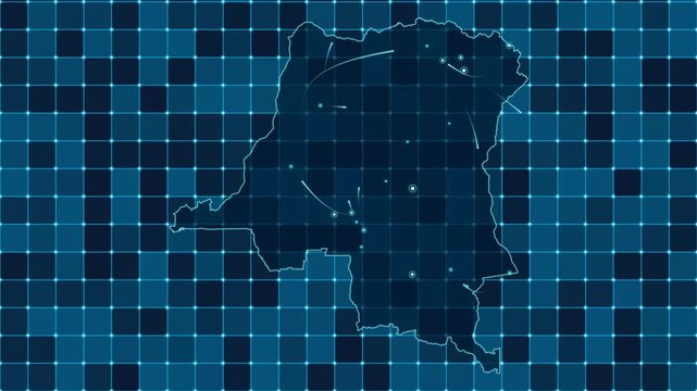 Digital grid map animation of Democratic Republic of the Congo, Technology, Communication, Transportation