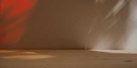 Empty table on background with natural shadows and light on wall. Mock up for branding products, presentation, food and health care.	