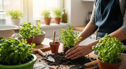 Planting herbs in kitchen