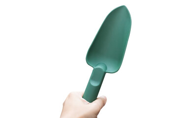Hand Holding Green Plastic Gardening Trowel Isolated on White
