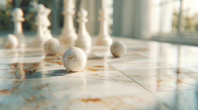 Marble chess pieces and a clean board set in a bright, elegant room