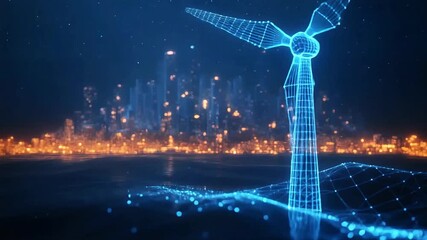 An abstract city skyline with a connected wireframe poly line animation, and a single wind turbine. Evokes the concept of a futuristic, connected urban environment with alternative energy solutions. - Powered by Adobe