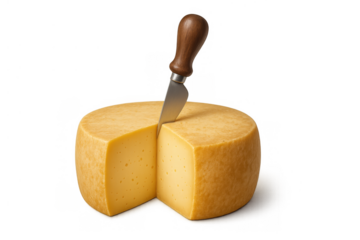 Whole cheese wheel with knife inserted in wedge on transparent background for food and dairy design concepts
