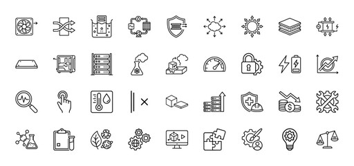 Data center technology line icon set. Vector pictograms of server, fan, cooling, chip, cloud, battery, thermometer, shield, gear, and graph, thin linear illustration.