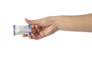 Plastic bag snack packaging and hand holding isolated on transparent background