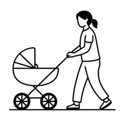 A person walks and pushes a baby stroller with a baby inside.