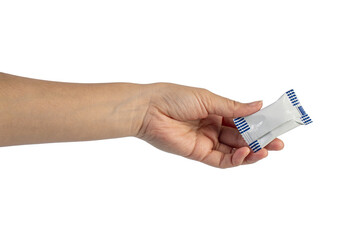 Plastic bag snack packaging and hand holding isolated on transparent background