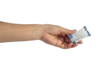 Plastic bag snack packaging and hand holding isolated on transparent background