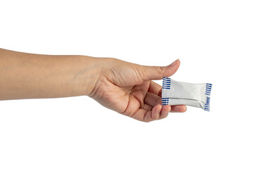 Plastic bag snack packaging and hand holding isolated on transparent background