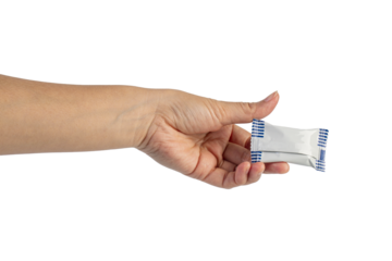 Plastic bag snack packaging and hand holding isolated on transparent background