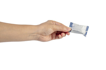 Plastic bag snack packaging and hand holding isolated on transparent background