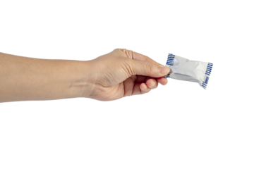 Plastic bag snack packaging and hand holding isolated on transparent background