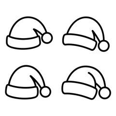 Four simple line illustrations of Santa Claus hats are displayed in a grid.