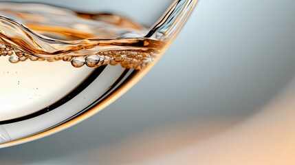 Close-up of wine being poured into a glass, showcasing bubbles and reflections, creating an abstract and elegant composition.