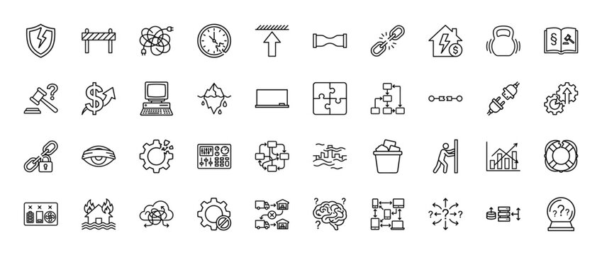 Business and risk management line icon set. Vector pictograms of puzzle, gear, broken link, iceberg, and shield, thin linear illustration.
