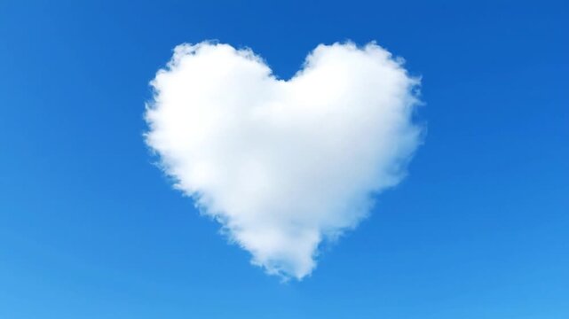 A fluffy, white cloud in the shape of a heart floats against a bright blue sky