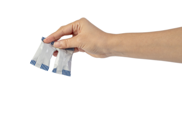 Plastic bag snack packaging and hand holding isolated on transparent background