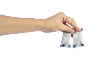 Plastic bag snack packaging and hand holding isolated on transparent background