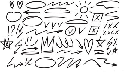 Hand-Drawn Crayon Doodle Shapes and Icons Set – Scribble Arrows, Check Marks, Crowns, Ovals and Decorative Elements