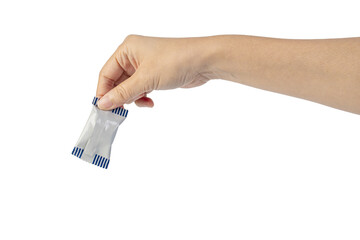 Plastic bag snack packaging and hand holding isolated on transparent background