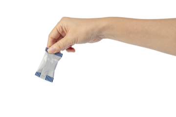 Plastic bag snack packaging and hand holding isolated on transparent background