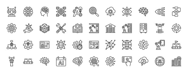 Fototapeta premium Artificial intelligence and industry 4.0 line icon set. Vector pictograms of robotics, automation, neural network, and data, thin linear illustration.