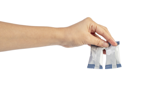 Plastic bag snack packaging and hand holding isolated on transparent background