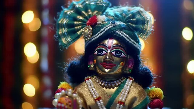 Close-up shot of a devotional statue adorned with traditional Indian attire and ornamentation against a bokeh background