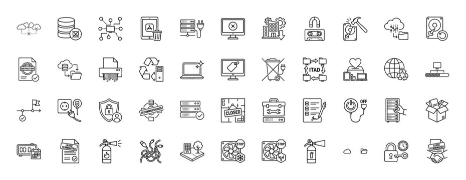 Information technology and data security line icon set. Vector pictograms of server rack, hard drive, data recovery, and padlock, thin linear illustration.